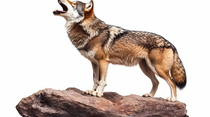 Fototapeta premium A wolf howling on a rock ledge with auroras lighting up the night sky alongside the full moon. Aurora Ridge. Illustration