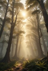Radiant gold rays pierce through the misty air of an ancient forest canopy,  forest atmosphere,  mystical ambiance,  ray of light