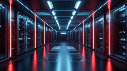 Obraz premium Neon Lit Server Room Corridor Modern Data Center