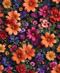Seamless repeating pattern of vibrant flowers in a swirling motion, evoking a sense of energy and movement ,  retro,  art