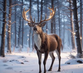Reindeer in a snowy forest with twinkling lights,  twinkling lights,  frosty,  christmas magic