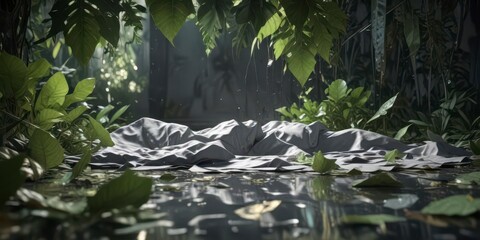 Naklejka premium Shattered mirror reflection on a bed of exotic leaves, plant decay, shattered mirrors