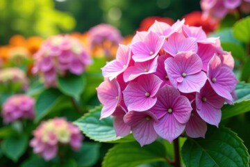 Hydrangea blooms in garden with colorful flowers , garden flowers, blooming, outdoor