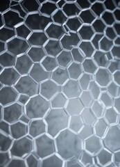 Icy hexagonal metal grid illuminated by soft white light, modern, geometric