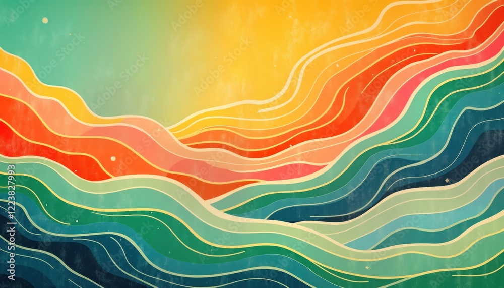 Poster groovy abstract background features wavy lines in retro colors avocado green peach sky blue. rough t