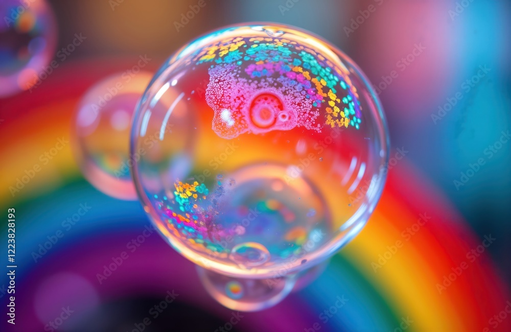 Poster Closeup view of colorful soap bubbles. Rainbow colors reflect in liquid surface. Multicolored patterns, glitter particles create amazing iridescent effect. Science art macro photography. Abstract