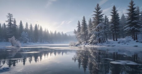 Snowflakes gently falling on a serene Christmas scene with icy lake and frozen trees,  frozen, snowflakes