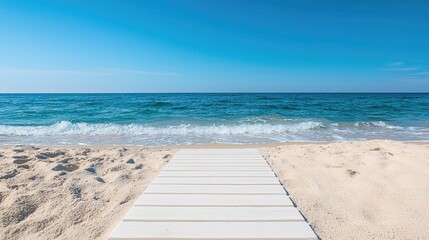 Fototapeta premium White boardwalk on sandy beach, ocean view, summer vacation