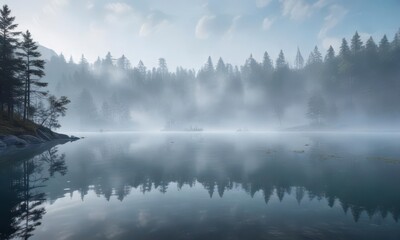 Soft blue mist swirls in the background of a serene lake,  landscape,  nature