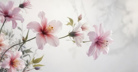 Soft watercolor blooms dance on a serene white background,  floral design,  delicate petals