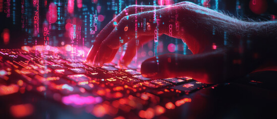 A focused image of hand typing on keyboard with digital data overlays, showcasing technology and innovation