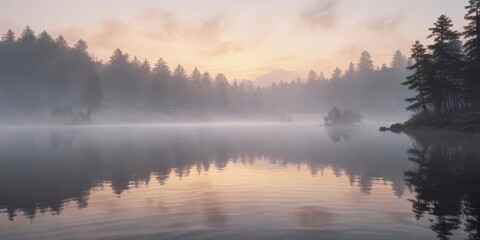 Fototapeta premium Soft watercolor waves on a misty lake at dawn, peaceful, mist