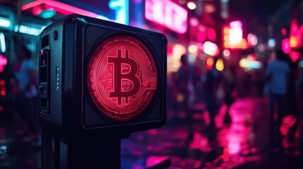 Cryptocurrency symbol displayed on a futuristic street sign at night, vibrant city backdrop.