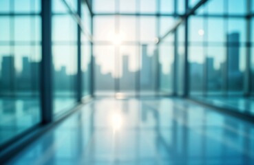 Fototapeta premium Empty modern office hallway with large windows. Cityscape visible through blurred glass. Blue tinted windows. Bright light. Clean, professional space. Business concept. Suitable for background use in