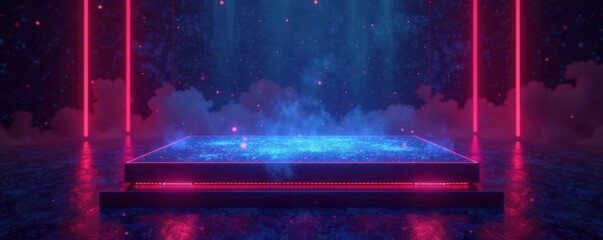 Sleek, high-tech podium with holographic display and ambient light, dark background, LED lights