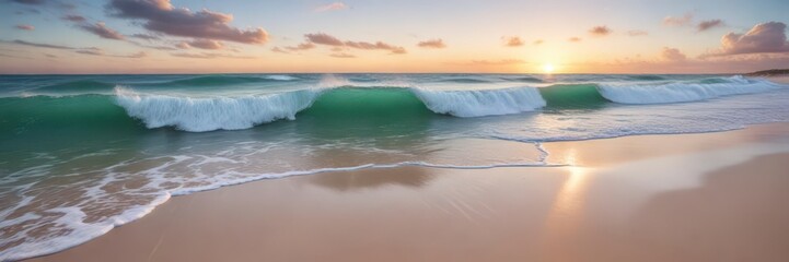 Obraz premium Ocean waves gently lapping against a white sandy beach at sunset with hues of blue and green, serene atmosphere, ocean waves, calm water