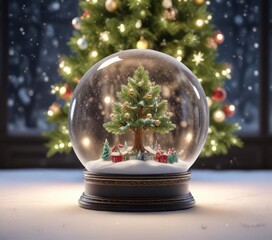 Sparkling snow globe containing a beautifully decorated tree with shiny ornaments and lights, Christmas Tree,  Festive