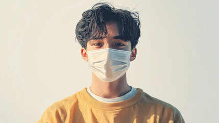 A person wearing face mask with calm expression, simple attire, and soft lighting