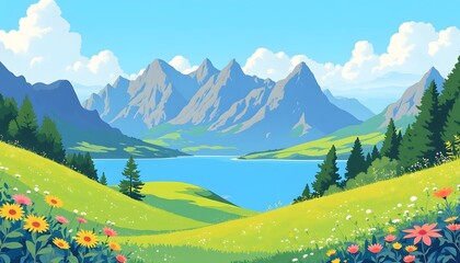 Serene Mountain Lake View with Blooming Wildflowers