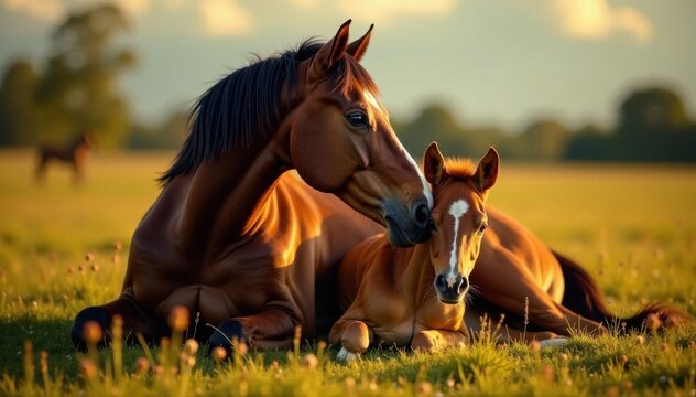 Mare and Foal Together Resting, foal, serene