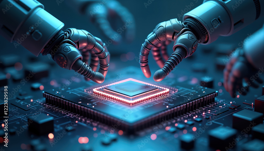 Aufkleber Futuristic illustration shows robotic arms assembling AI chip on circuit board. Robotic arms handling, positioning chip. Advanced manufacturing tech in futuristic factory. Automated AI chip