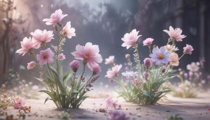 Fototapeta premium Pastel-colored flowers dancing in an ethereal background, whimsical, swirling flowers, dreamy