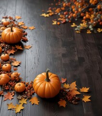 Pumpkin decorations on dark wood table with fallen leaves,  seasonal decor, pumpkins,  dark wood