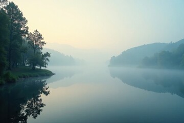 Misty morning fog over a peaceful lake, serene, nature, lake