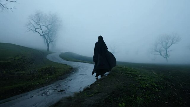 Dramatic pan video, young woman in dark cloak walking, mysterious and atmospheric, misty moor, winding path, dramatic lighting