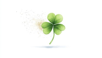A vibrant green four-leaf clover dispersing golden dust against a white background