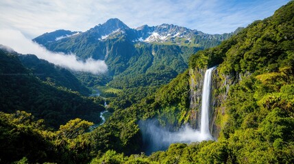 Fototapeta premium Majestic waterfall cascading down mountainside, lush valley, snow-capped peaks in background; travel poster