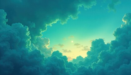 Fototapeta premium Moody blue and green hues of a dreamy watercolor sky at dusk, watercolor, moody