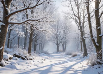 Naklejka premium Winter woodland scene with snow-covered branches, serene, winter