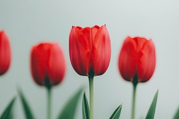 Vibrant red tulips standing tall against a soft blue background, creating a serene floral display