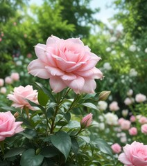 Soft focus of pink roses in a garden with white lily and eucalyptus,  blossoms,  romantic,  nature