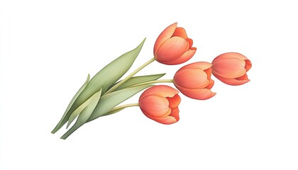 Vibrant bouquet of pink tulips with lush green leaves on a clean white background