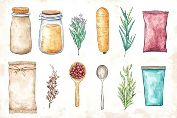A collection of colorful jars and herbs arranged artistically on a textured background