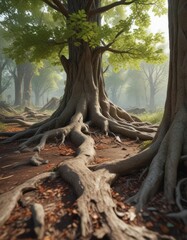 Natural leaves scattered around a tree trunk with roots exposed, earthy atmosphere , botanicals