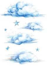 Watercolor clouds and stars in a serene sky, perfect for backgrounds and artistic designs