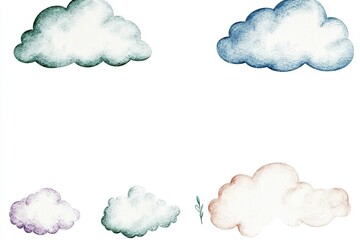Watercolor illustration of various clouds in different shapes and sizes against a blank background