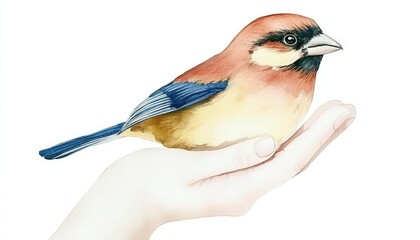 A hand gently cradles a colorful bird, showcasing its vibrant feathers against a plain background