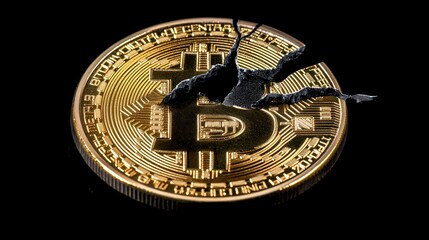 A cracked gold cryptocurrency coin on a black background.  Symbol of financial risk and market volatility.