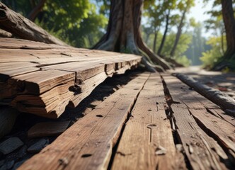 Old wooden planks leaning against a tree trunk, rugged, wooden planks