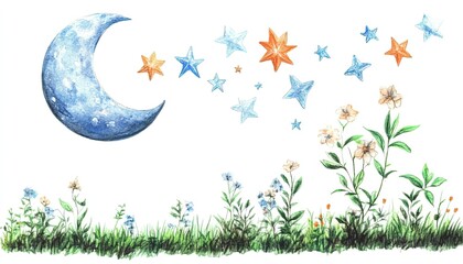 A whimsical night scene featuring a crescent moon and colorful stars above a blooming garden