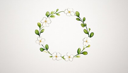Circular floral wreath design featuring delicate white flowers and green leaves on a light background