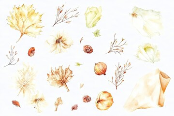 Watercolor illustration of autumn leaves, flowers, and natural elements on a light background
