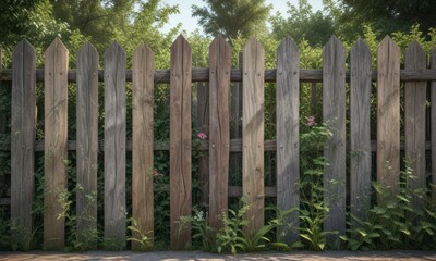 Fototapeta premium Weathered wooden fence with overgrown vegetation, tree, outdoor
