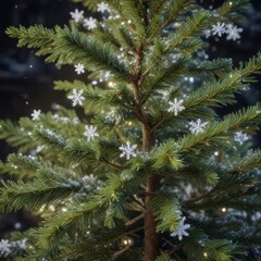Obraz premium Snowflakes gently falling on festive Christmas tree branches , decorations, snow, winter
