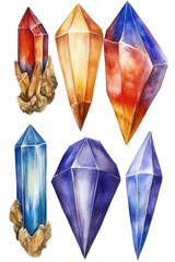 Colorful watercolor crystals in various shapes and sizes against a clean white background