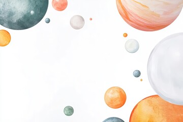 Colorful watercolor planets floating in a soft, abstract space background, depicting cosmic beauty